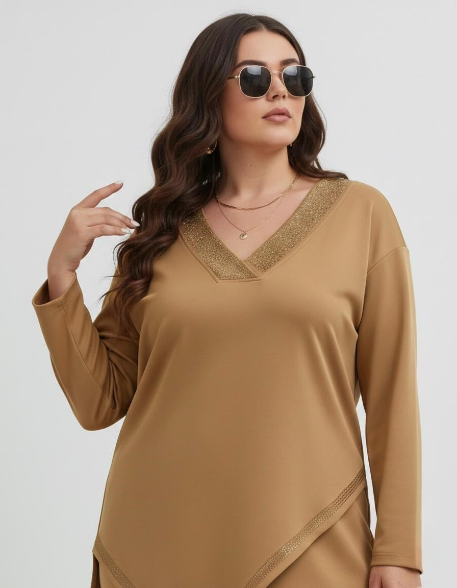 Kadın Büyük Beden Truvakar Kol Asimetrik Kesim Taş Baskı Detaylı Eşofman Takımı 8247-26