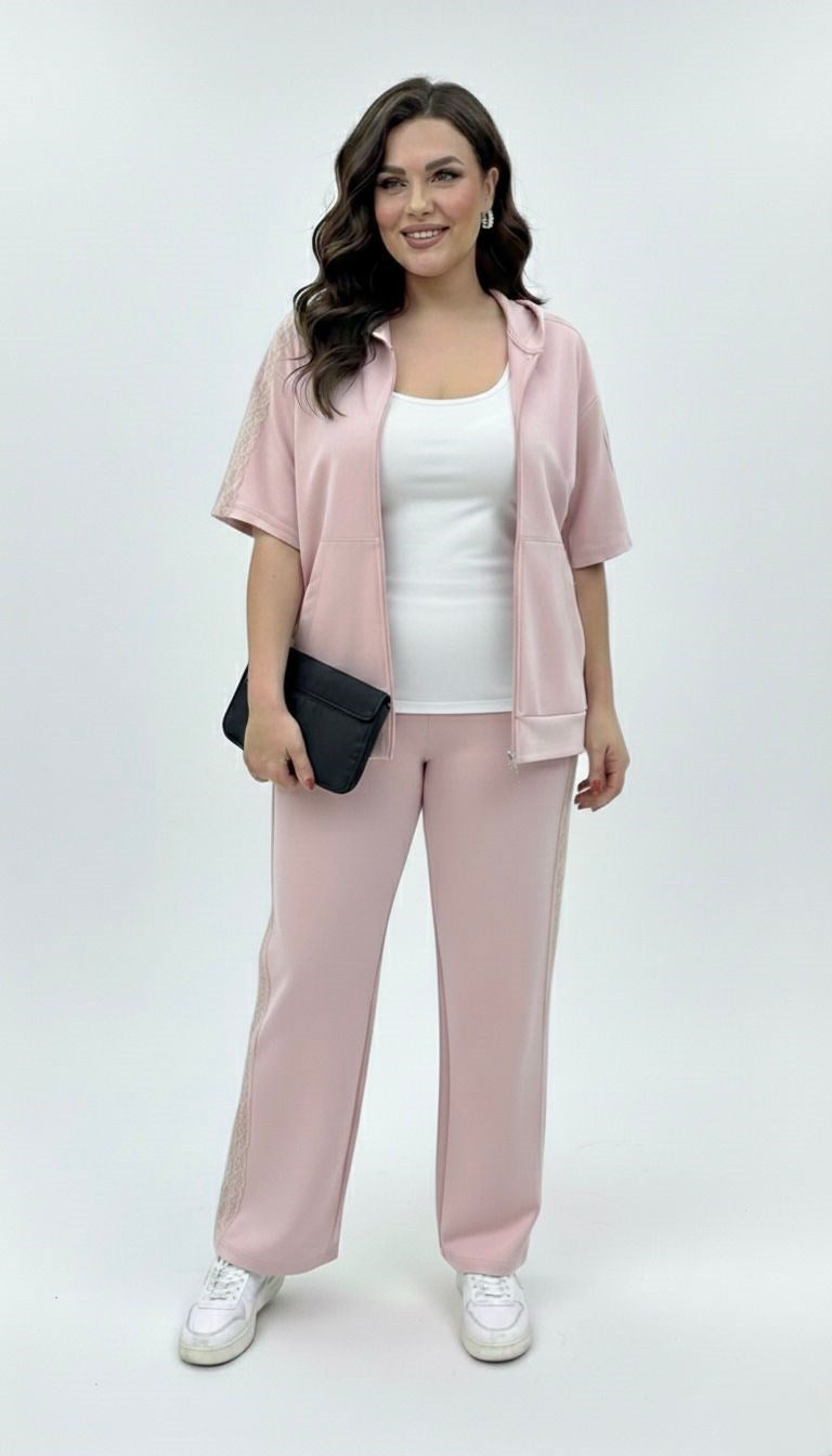 Kadın Büyük Beden Kısa Kollu Fermuarlı Kapüşonlu Dantel Detaylı Eşofman Takımı 8239-26