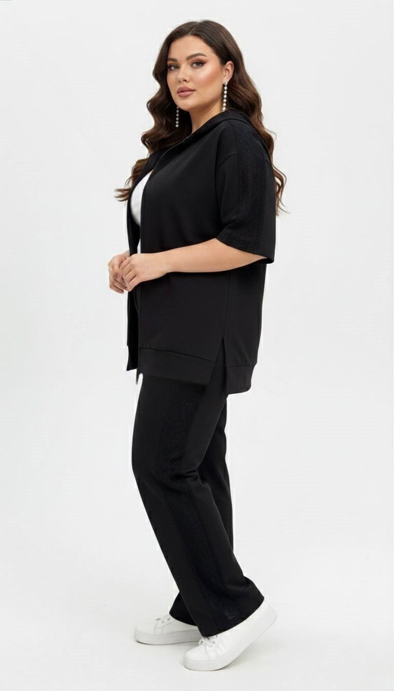 Kadın Büyük Beden Kısa Kollu Fermuarlı Kapüşonlu Dantel Detaylı Eşofman Takımı 8239-26