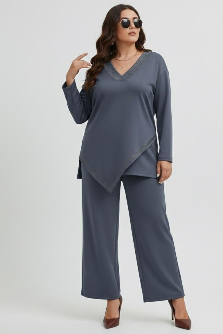 Kadın Büyük Beden Truvakar Kol Asimetrik Kesim Taş Baskı Detaylı Eşofman Takımı 8247-26
