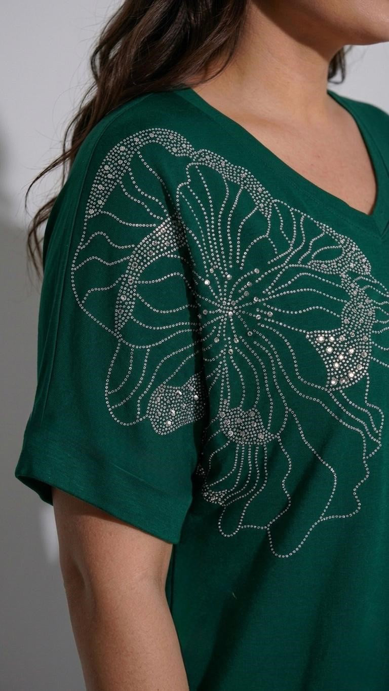 Kadın Büyük Beden Kısa Kollu V Yaka Taş Baskılı Viskon Bluz 2041-26