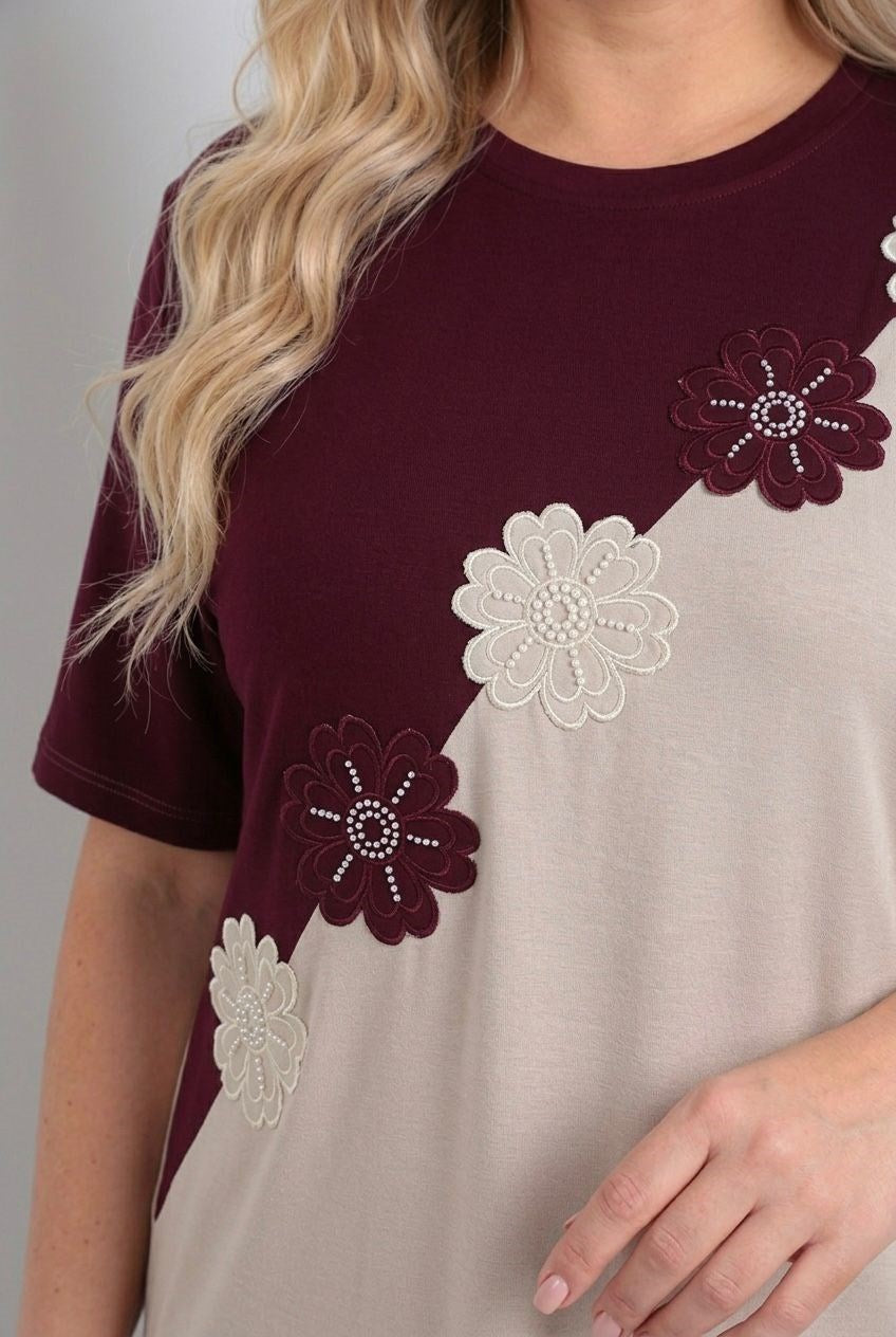 Kadın Büyük Beden Kısa Kollu Çiçek Nakışlı İki Renkli Eşofman Takımı 8241-26 