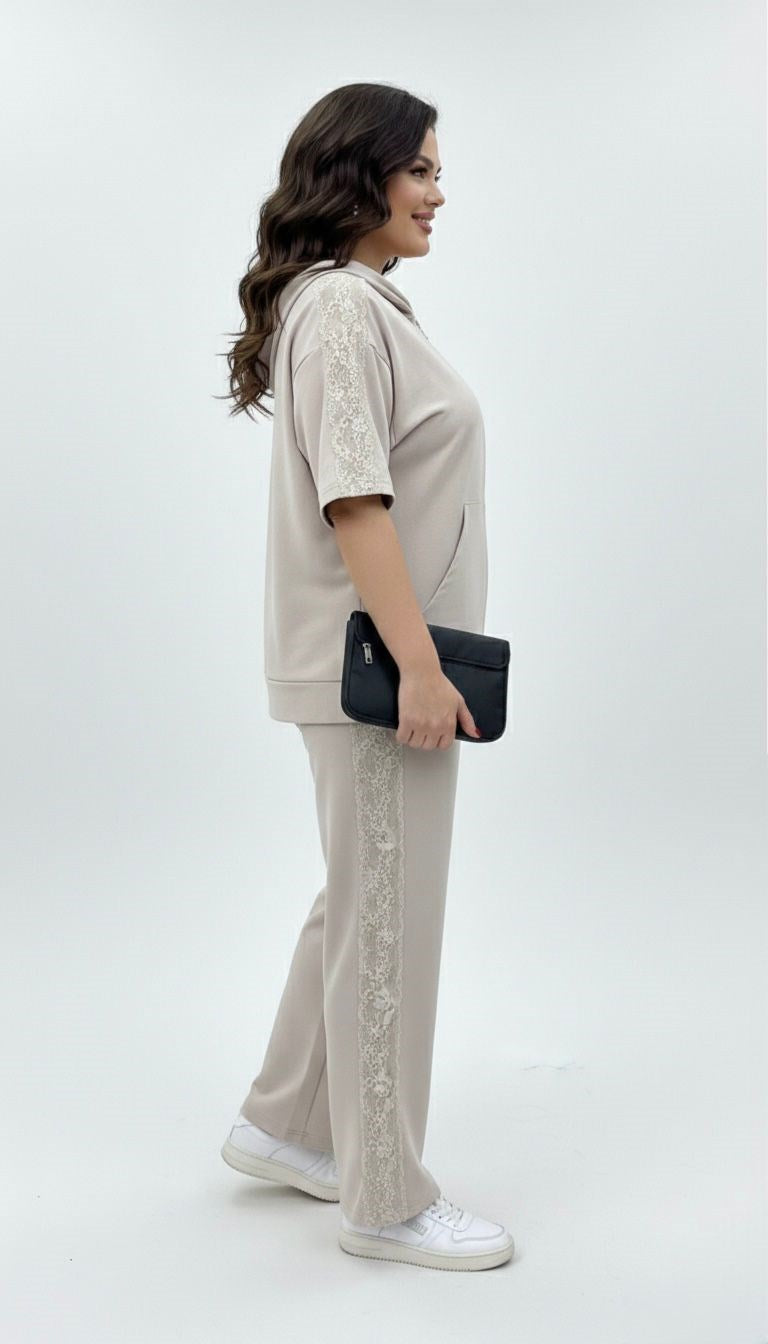 Kadın Büyük Beden Kısa Kollu Fermuarlı Kapüşonlu Dantel Detaylı Eşofman Takımı 8239-26