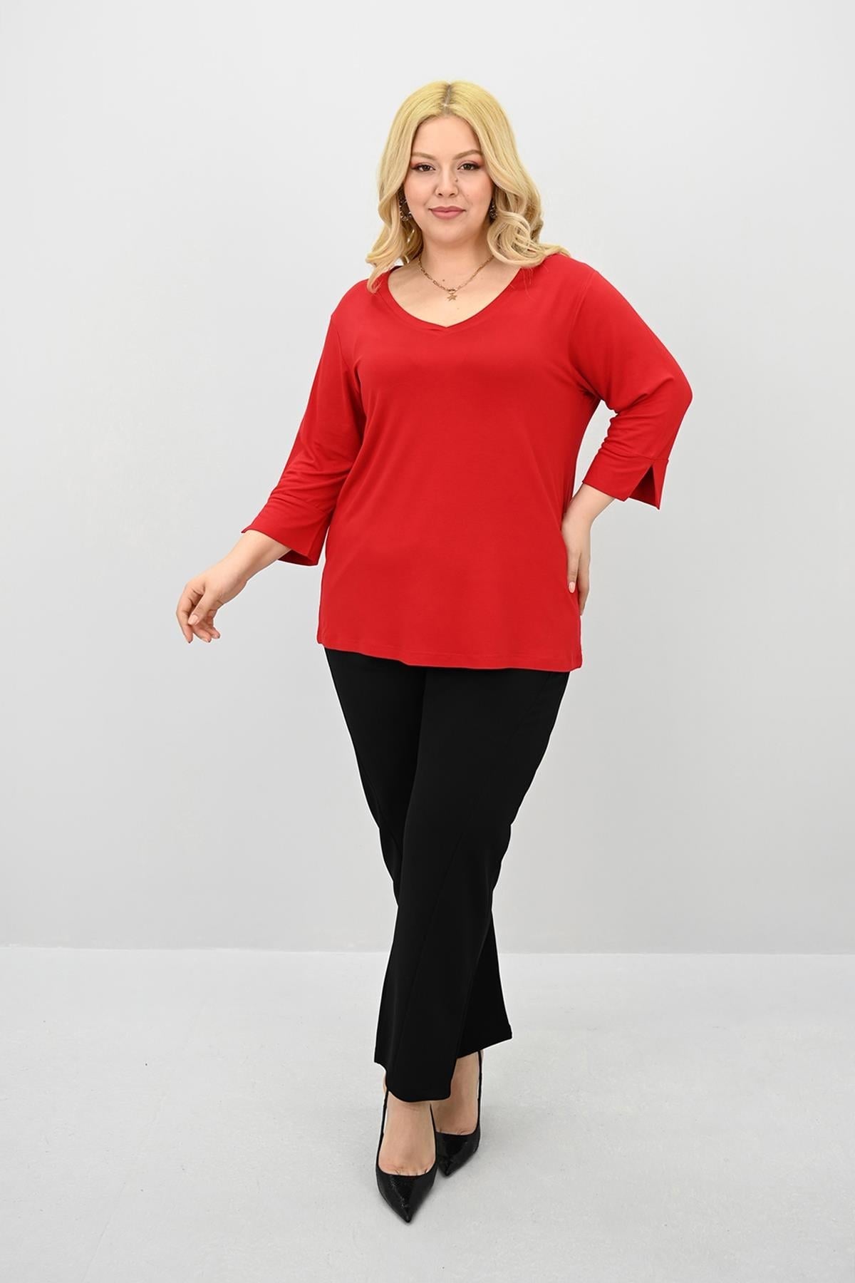 Kadın Büyük Beden Bantlı V yaka Bluz 1919-25