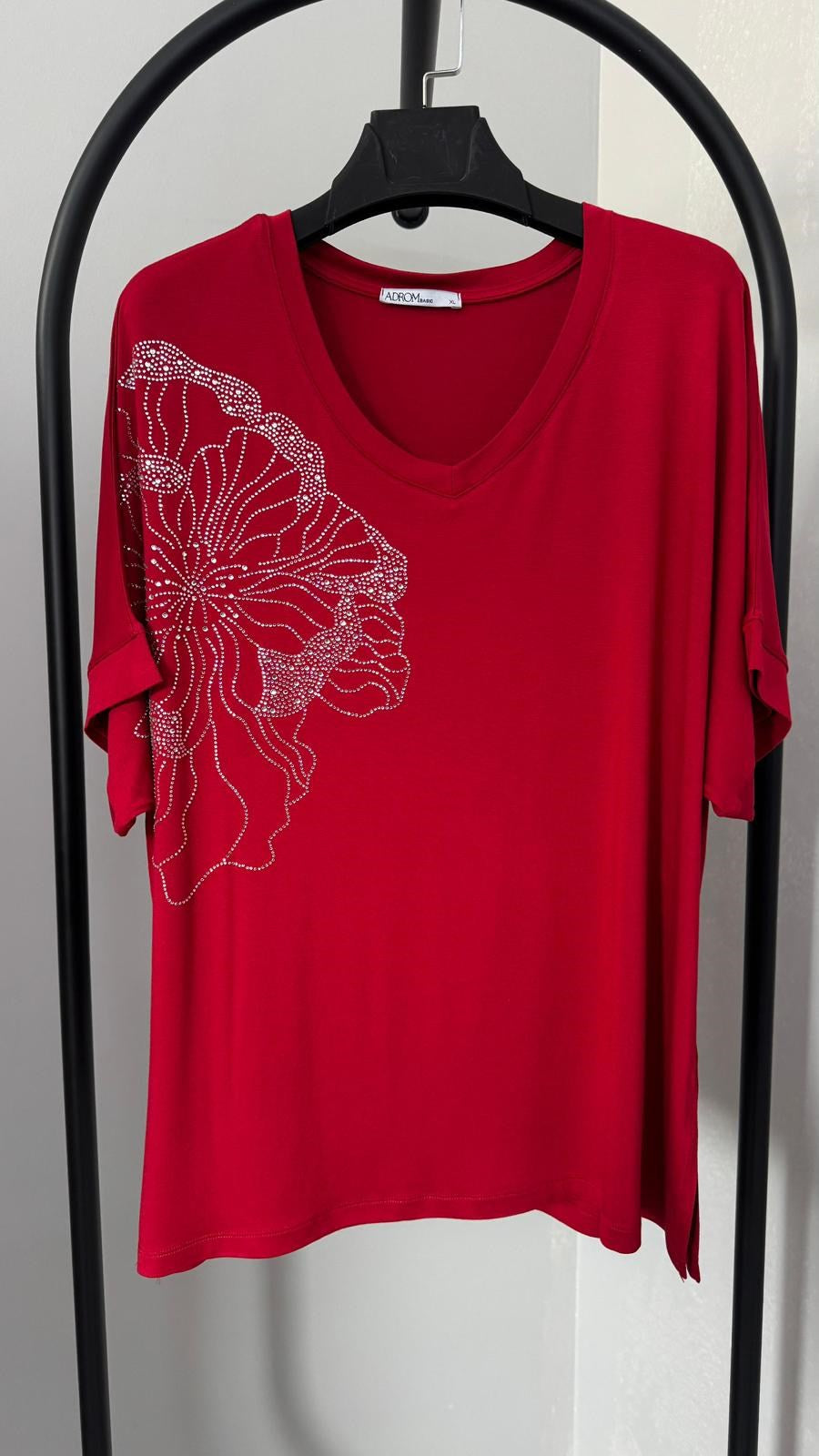 Kadın Büyük Beden Kısa Kollu V Yaka Taş Baskılı Viskon Bluz 2041-26