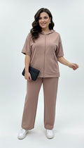 Kadın Büyük Beden Kısa Kollu Fermuarlı Kapüşonlu Dantel Detaylı Eşofman Takımı 8239-26