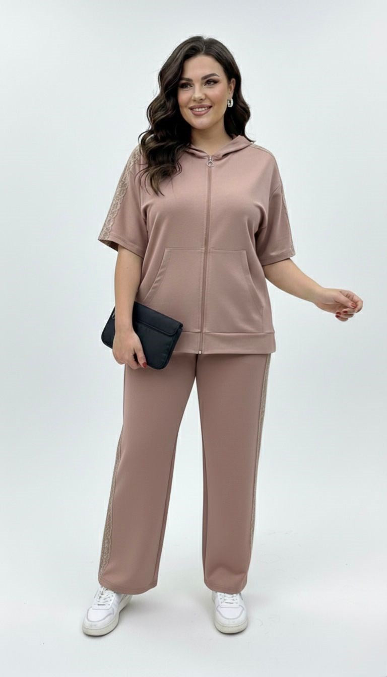 Kadın Büyük Beden Kısa Kollu Fermuarlı Kapüşonlu Dantel Detaylı Eşofman Takımı 8239-26