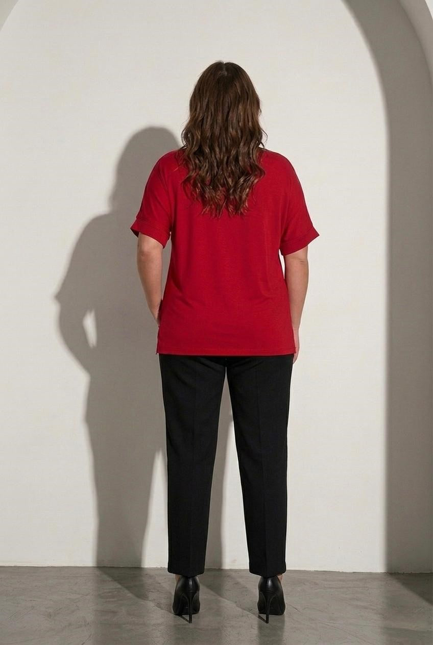 Kadın Büyük Beden Kısa Kollu V Yaka Taş Baskılı Viskon Bluz 2041-26