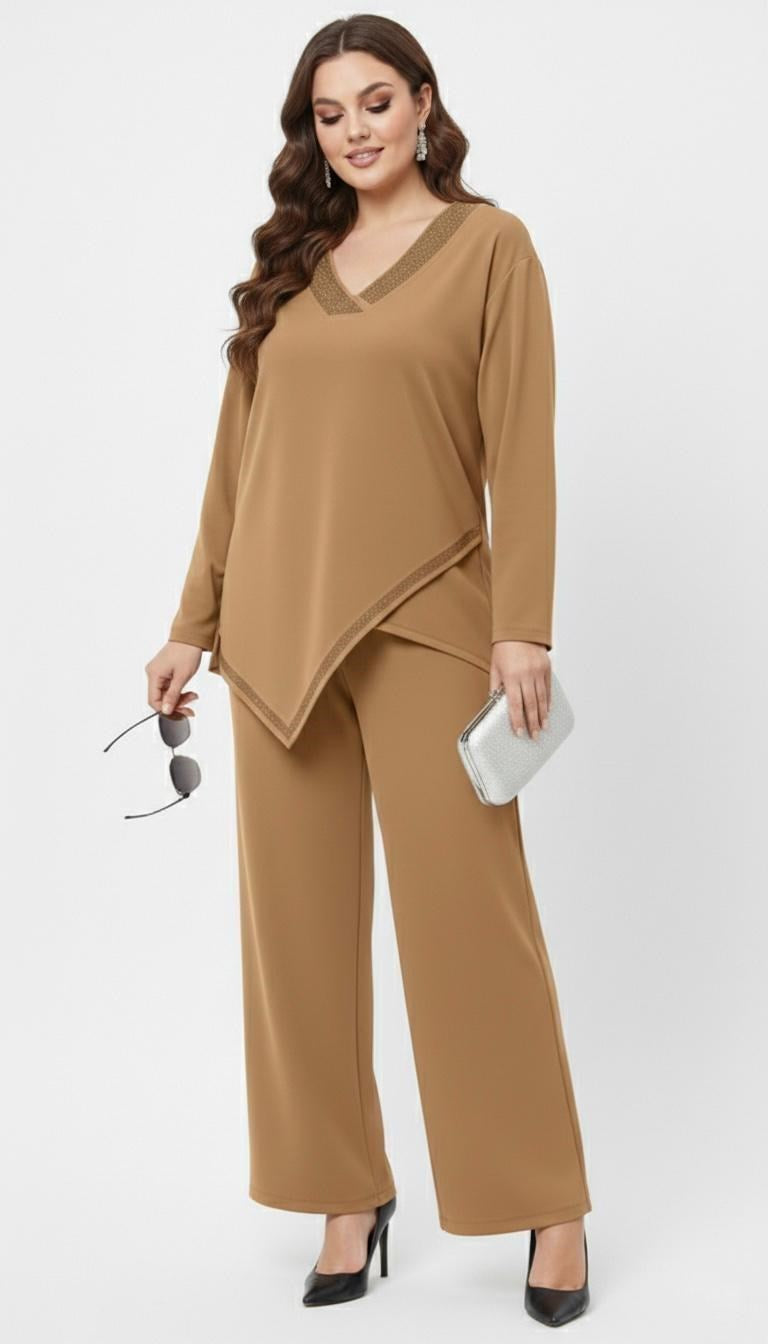 Kadın Büyük Beden Truvakar Kol Asimetrik Kesim Taş Baskı Detaylı Eşofman Takımı 8247-26