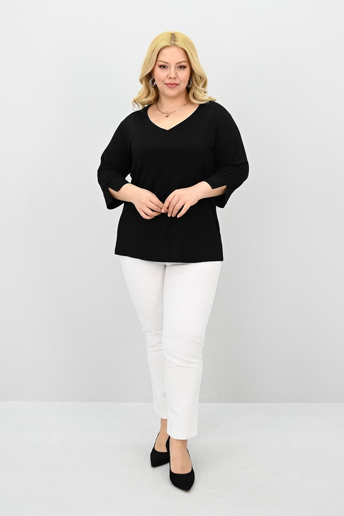 Kadın Büyük Beden Bantlı V yaka Bluz 1919-25