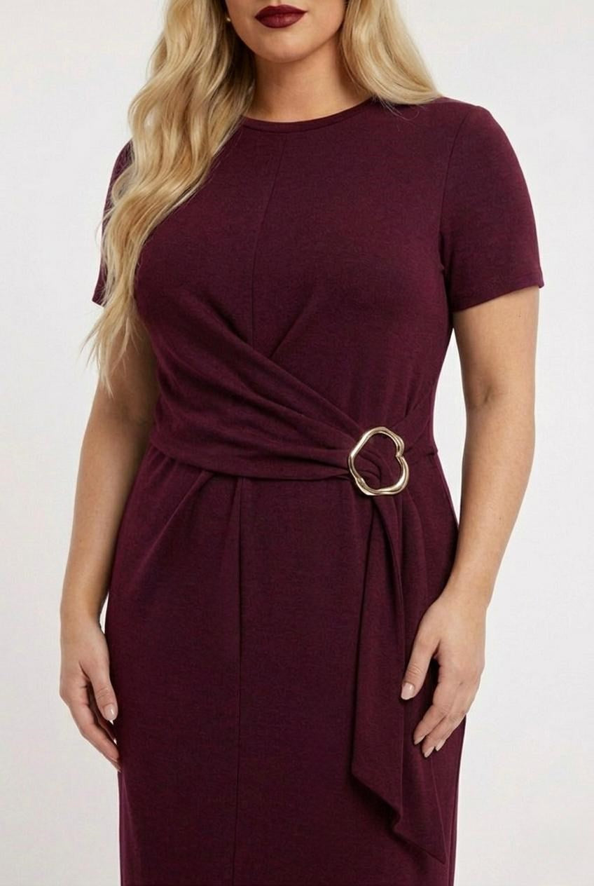 Kadın Büyük Beden Kısa Kollu Önü Toka Detaylı Modal Kumaş Elbise 5452-26 