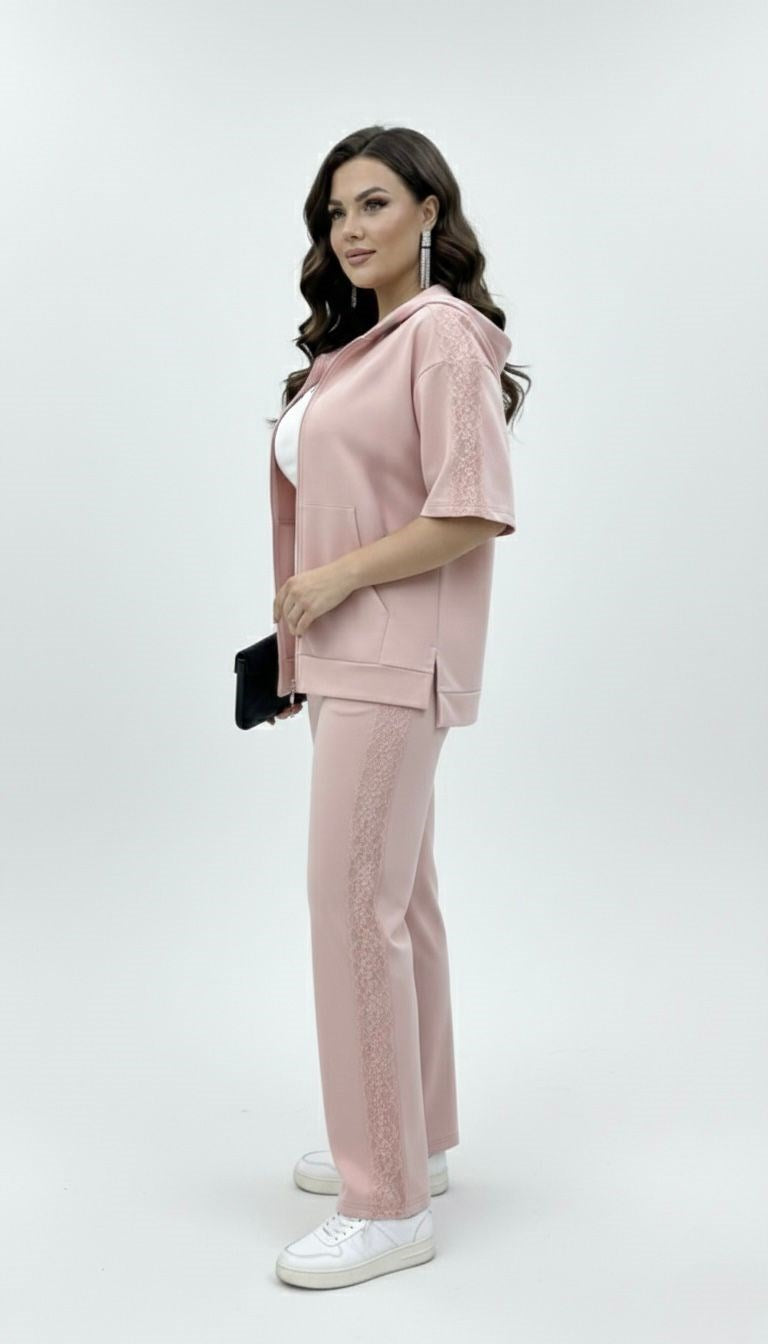 Kadın Büyük Beden Kısa Kollu Fermuarlı Kapüşonlu Dantel Detaylı Eşofman Takımı 8239-26