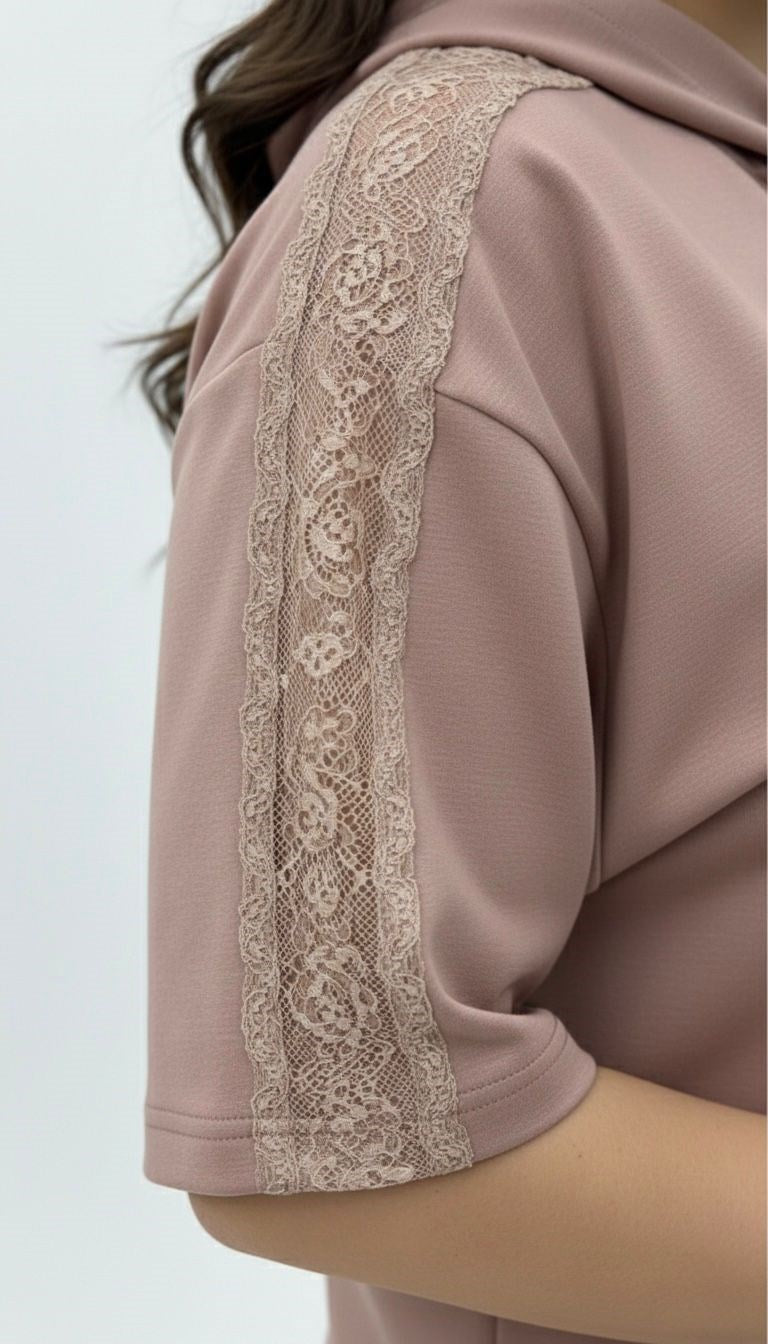 Kadın Büyük Beden Kısa Kollu Fermuarlı Kapüşonlu Dantel Detaylı Eşofman Takımı 8239-26