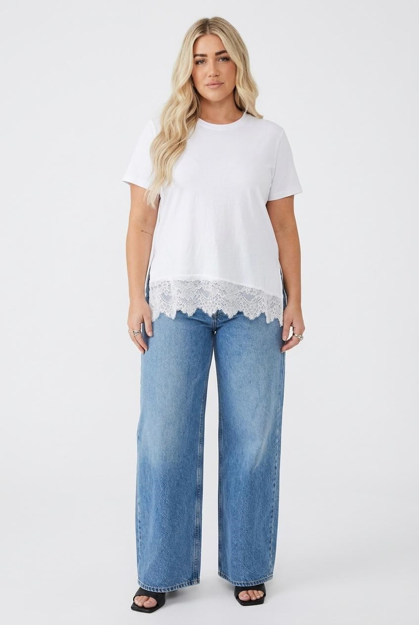 Kadın Büyük Beden Kısa Kollu Etek Ucu Dantel Detaylı T-shirt 2036-26