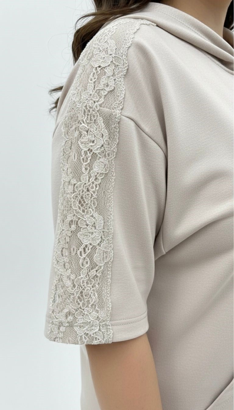 Kadın Büyük Beden Kısa Kollu Fermuarlı Kapüşonlu Dantel Detaylı Eşofman Takımı 8239-26