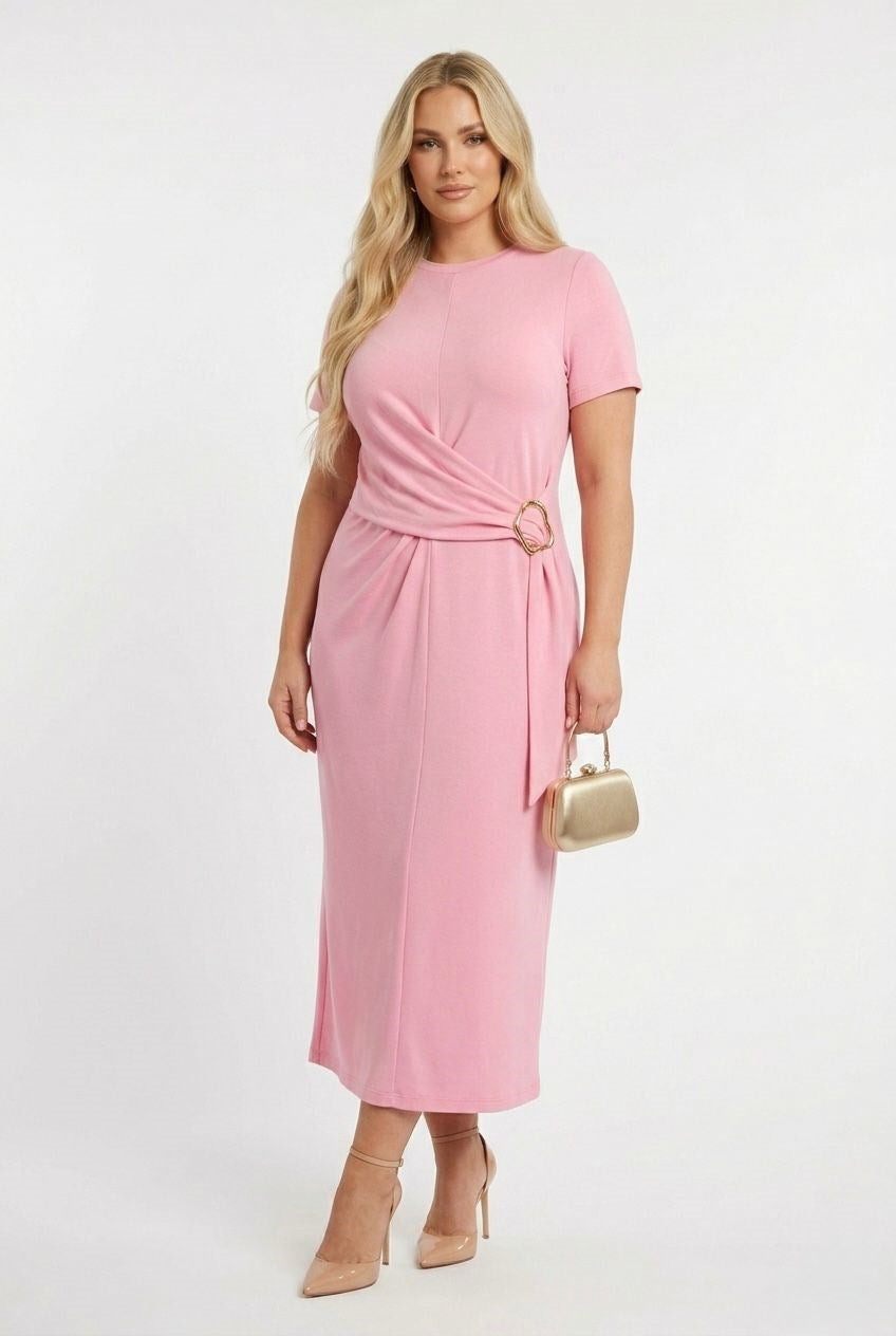 Kadın Büyük Beden Kısa Kollu Önü Toka Detaylı Modal Kumaş Elbise 5452-26 