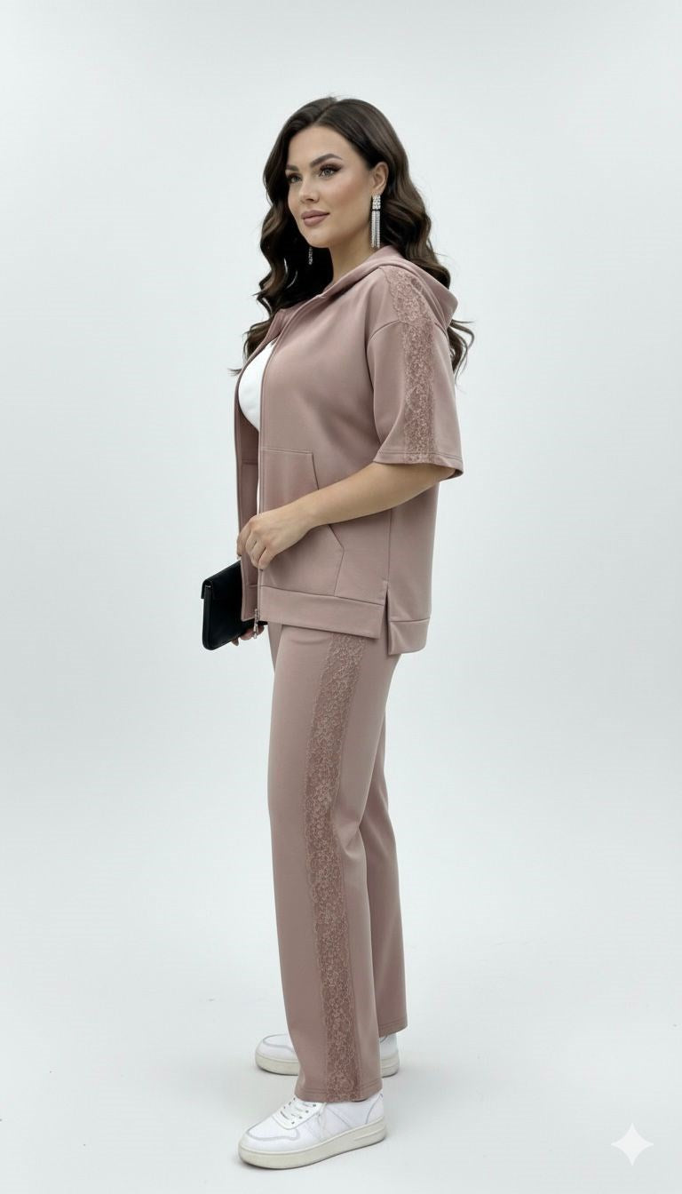 Kadın Büyük Beden Kısa Kollu Fermuarlı Kapüşonlu Dantel Detaylı Eşofman Takımı 8239-26