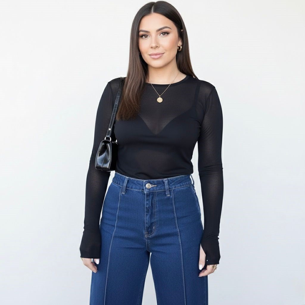 Kadın Büyük Beden Uzun Kollu Kayık Yaka Transparan Viskon Bluz 2037-26