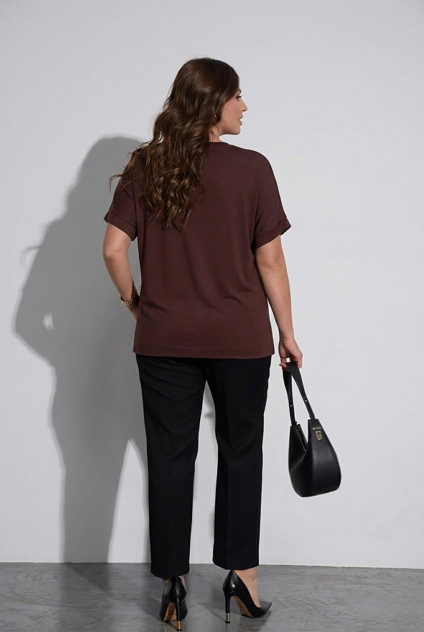 Kadın Büyük Beden Kısa Kollu V Yaka Taş Baskılı Viskon Bluz 2041-26