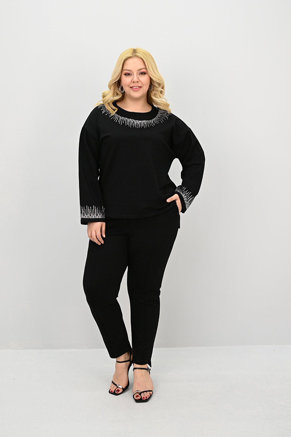 Kadın Büyük Beden Taş Baskı Detaylı Yüksek Bel Eşofman Takımı 8175-25