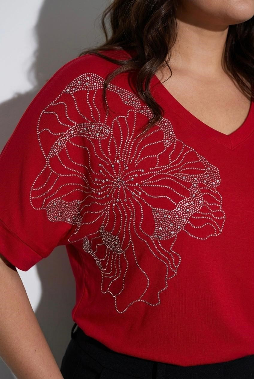 Kadın Büyük Beden Kısa Kollu V Yaka Taş Baskılı Viskon Bluz 2041-26