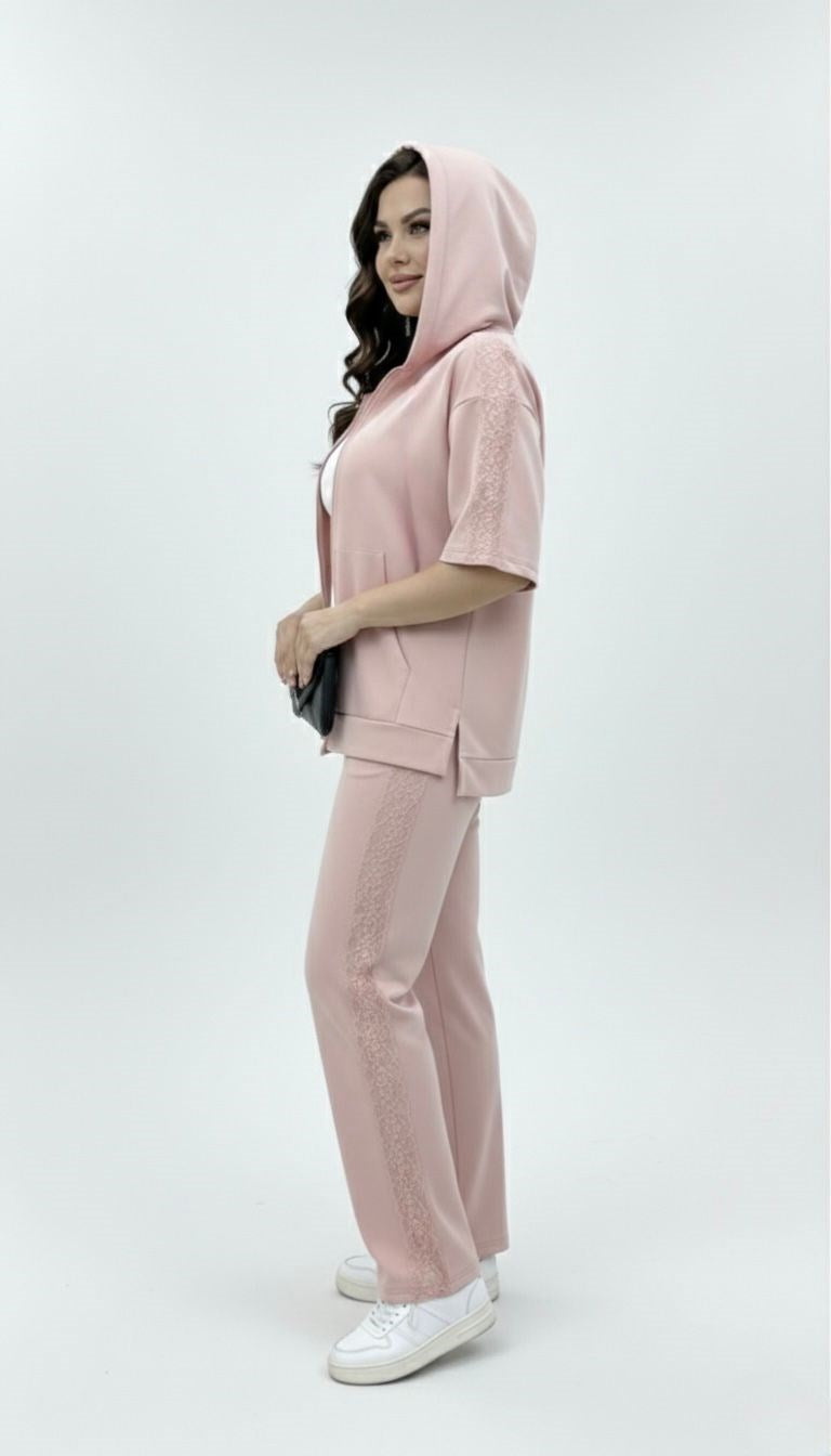 Kadın Büyük Beden Kısa Kollu Fermuarlı Kapüşonlu Dantel Detaylı Eşofman Takımı 8239-26