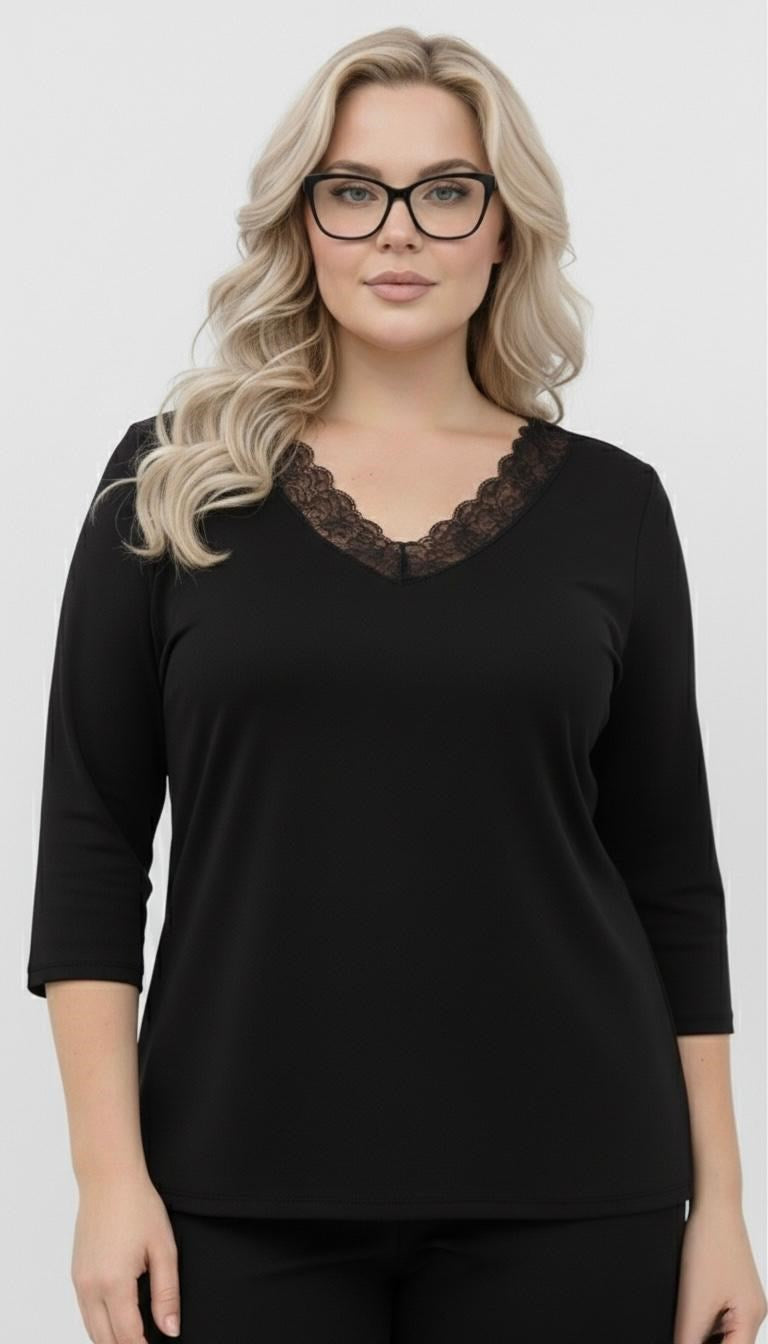 Kadın Büyük Beden Truvakar Kol V Yaka Dantel Detaylı Pamuklu Basic Bluz 2034-26