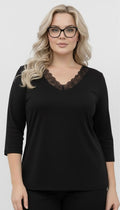 Kadın Büyük Beden Truvakar Kol V Yaka Dantel Detaylı Pamuklu Basic Bluz 2034-26