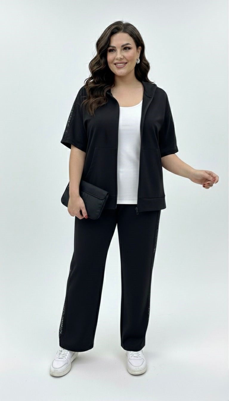 Kadın Büyük Beden Kısa Kollu Fermuarlı Kapüşonlu Dantel Detaylı Eşofman Takımı 8239-26