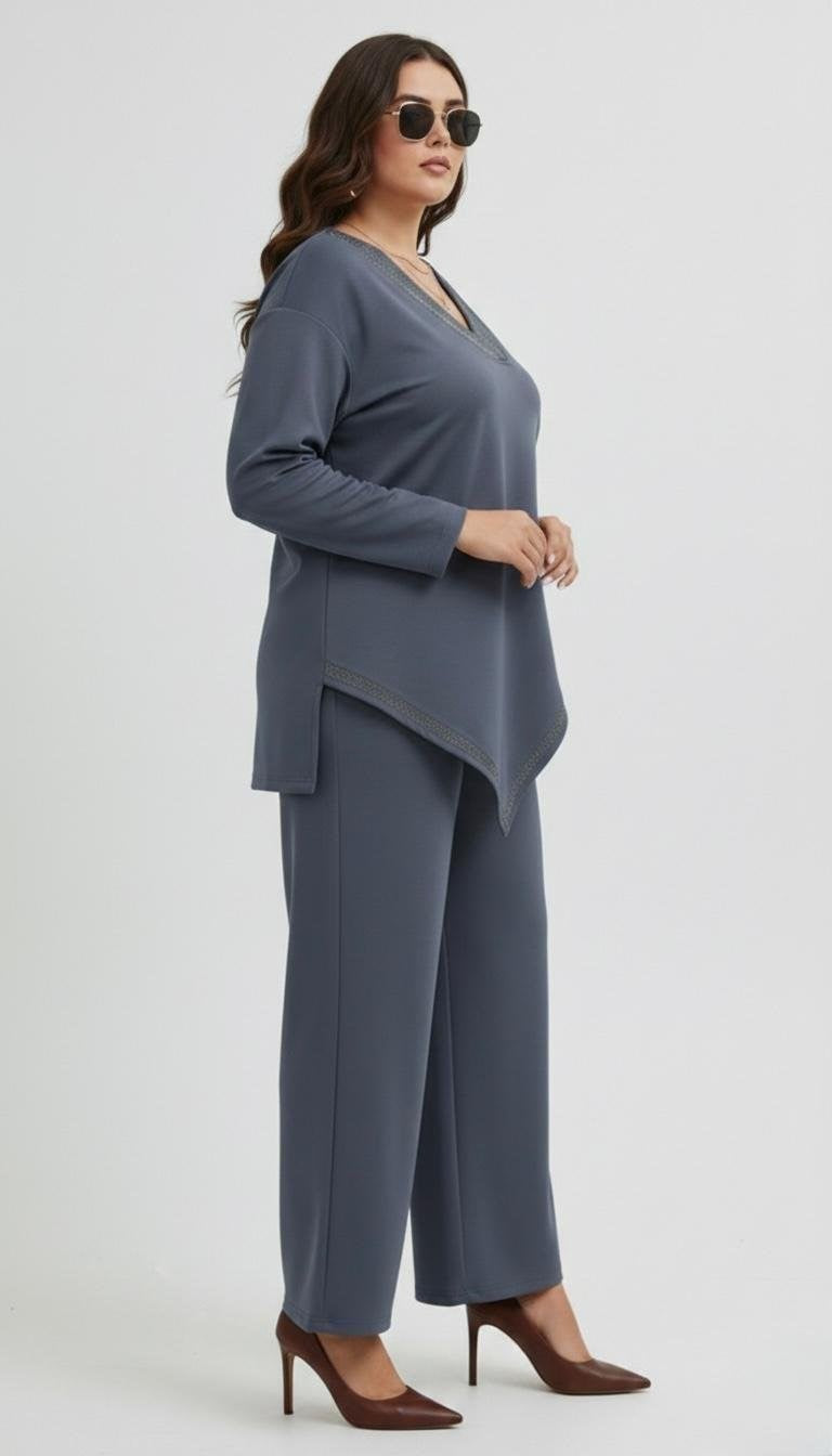 Kadın Büyük Beden Truvakar Kol Asimetrik Kesim Taş Baskı Detaylı Eşofman Takımı 8247-26