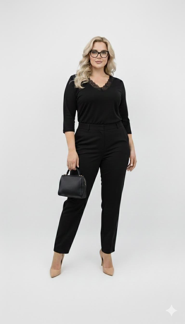 Kadın Büyük Beden Truvakar Kol V Yaka Dantel Detaylı Pamuklu Basic Bluz 2034-26