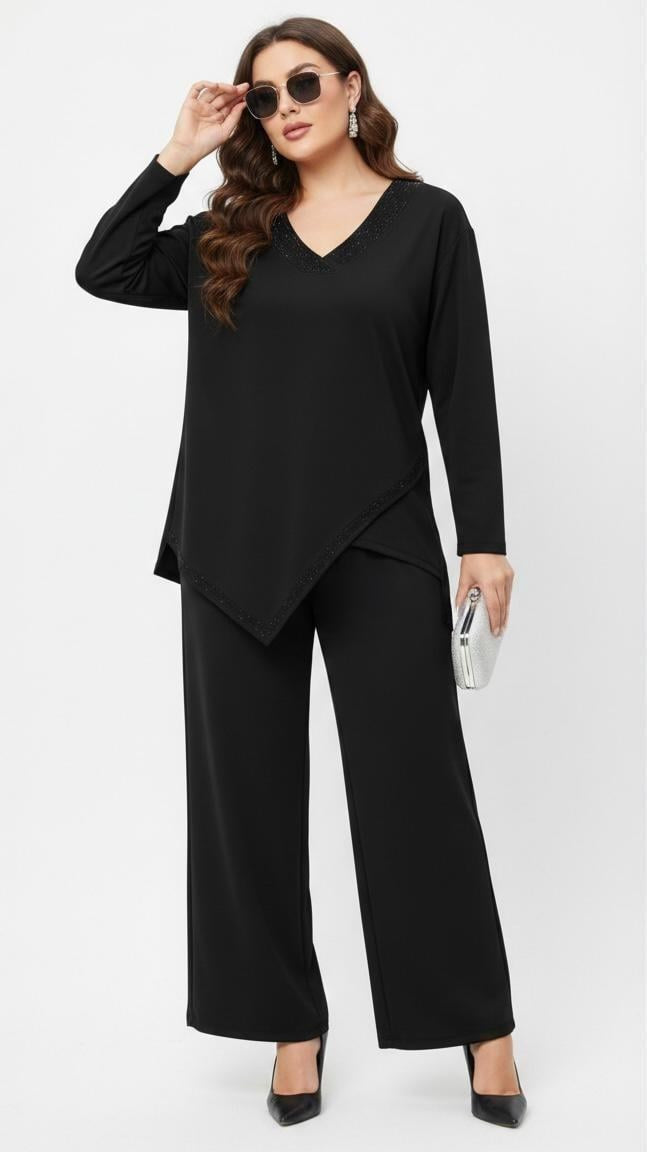 Kadın Büyük Beden Truvakar Kol Asimetrik Kesim Taş Baskı Detaylı Eşofman Takımı 8247-26