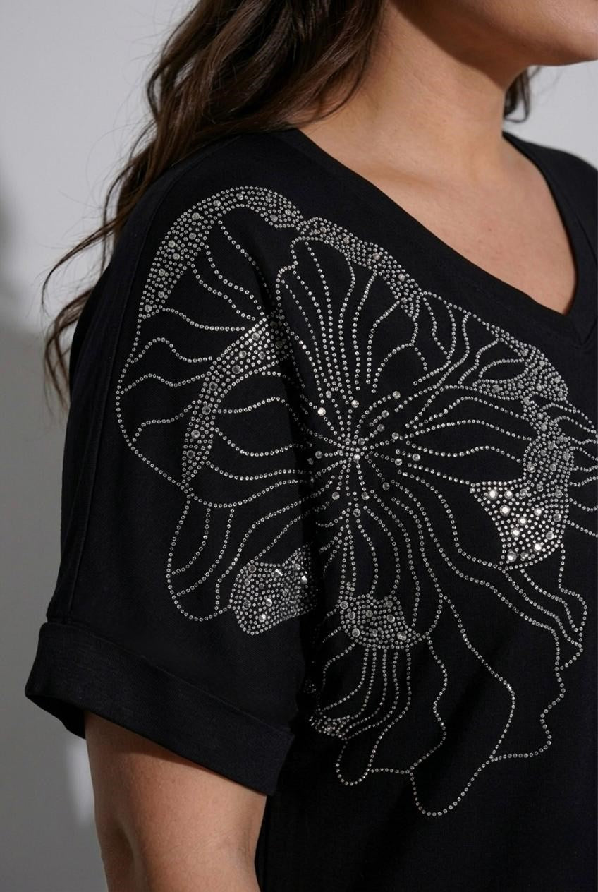 Kadın Büyük Beden Kısa Kollu V Yaka Taş Baskılı Viskon Bluz 2041-26