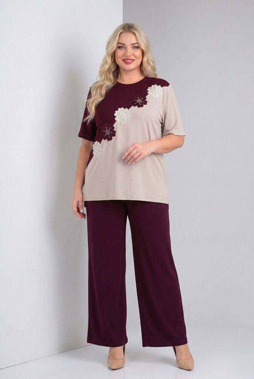 Kadın Büyük Beden Kısa Kollu Çiçek Nakışlı İki Renkli Eşofman Takımı 8241-26 