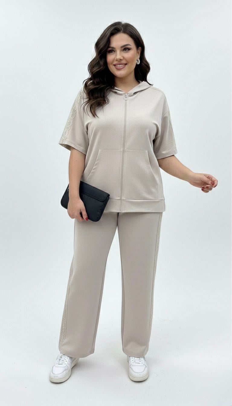 Kadın Büyük Beden Kısa Kollu Fermuarlı Kapüşonlu Dantel Detaylı Eşofman Takımı 8239-26