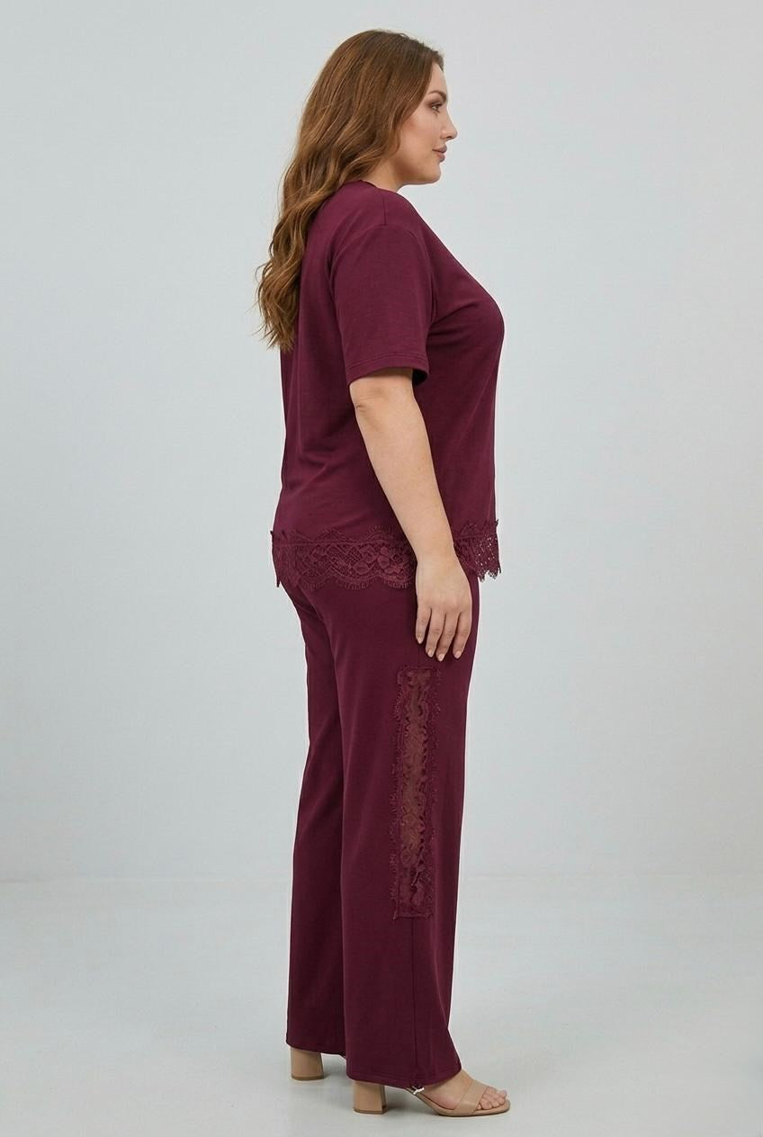 Kadın Büyük Beden Kısa Kollu Dantel Güpür Detaylı Eşofman Takımı 8255-26