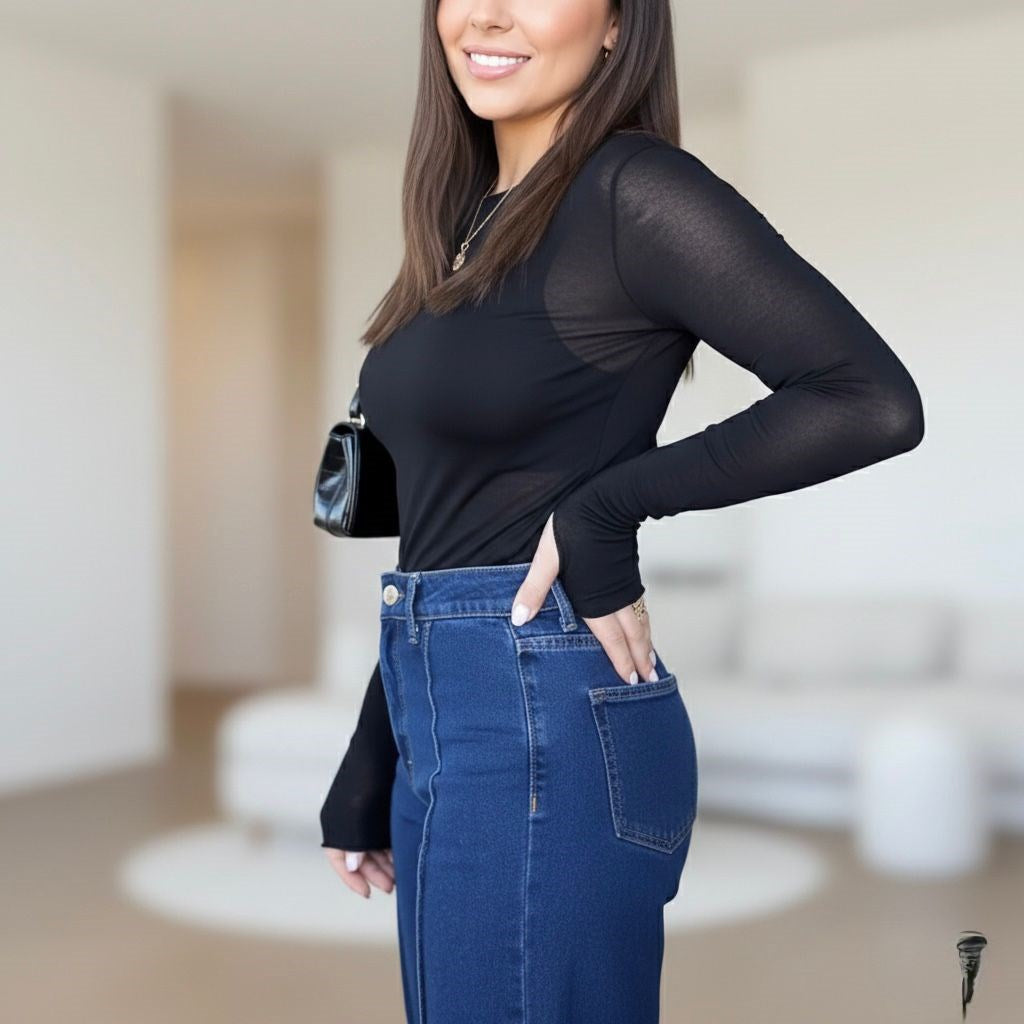 Kadın Büyük Beden Uzun Kollu Kayık Yaka Transparan Viskon Bluz 2037-26