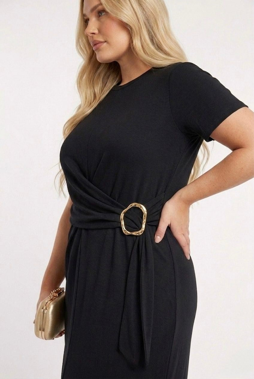 Kadın Büyük Beden Kısa Kollu Önü Toka Detaylı Modal Kumaş Elbise 5452-26 