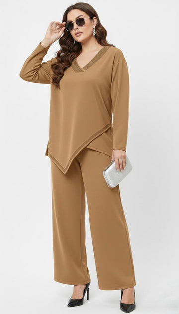 Kadın Büyük Beden Truvakar Kol Asimetrik Kesim Taş Baskı Detaylı Eşofman Takımı 8247-26