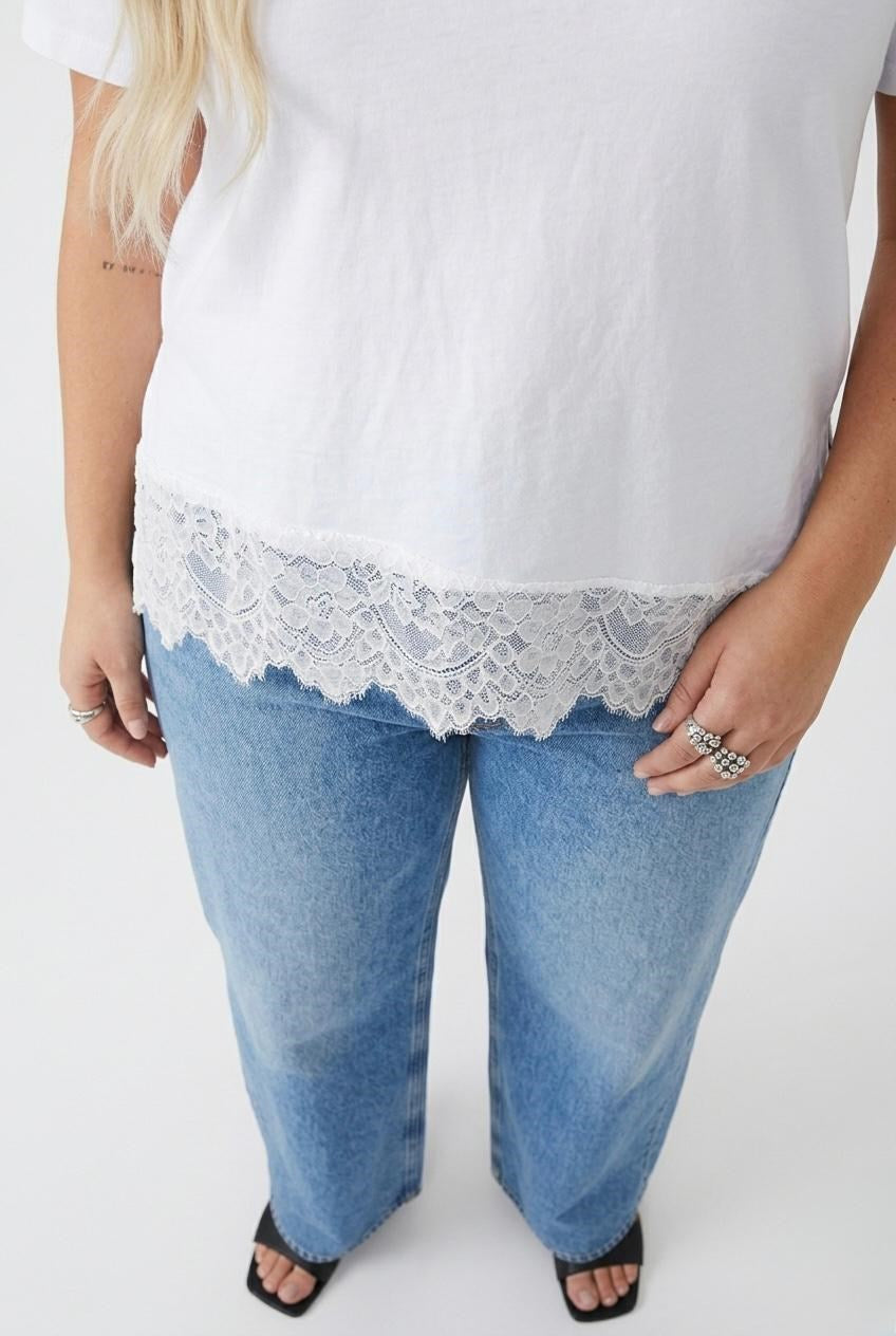 Kadın Büyük Beden Kısa Kollu Etek Ucu Dantel Detaylı T-shirt 2036-26