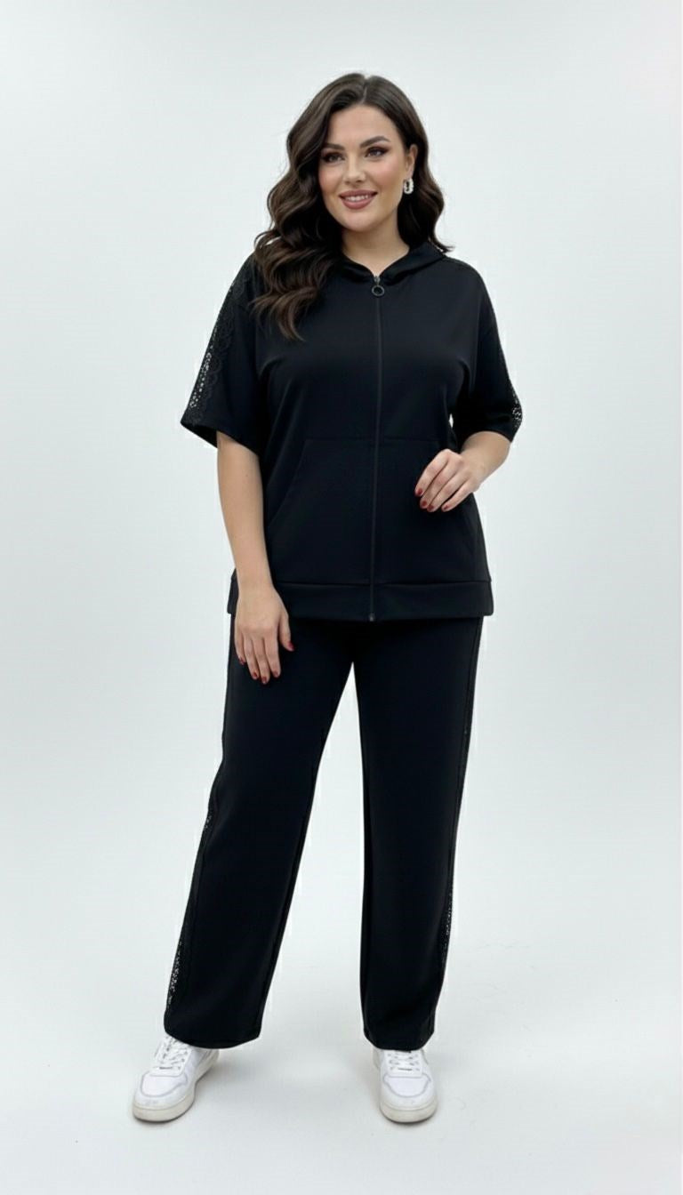 Kadın Büyük Beden Kısa Kollu Fermuarlı Kapüşonlu Dantel Detaylı Eşofman Takımı 8239-26