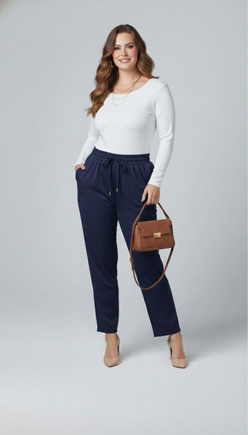 Kadın Büyük Beden Beli Lastikli Yüksek Bel Double Krep Pantolon 6303-25