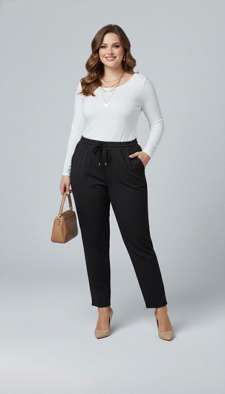 Kadın Büyük Beden Beli Lastikli Yüksek Bel Double Krep Pantolon 6303-25