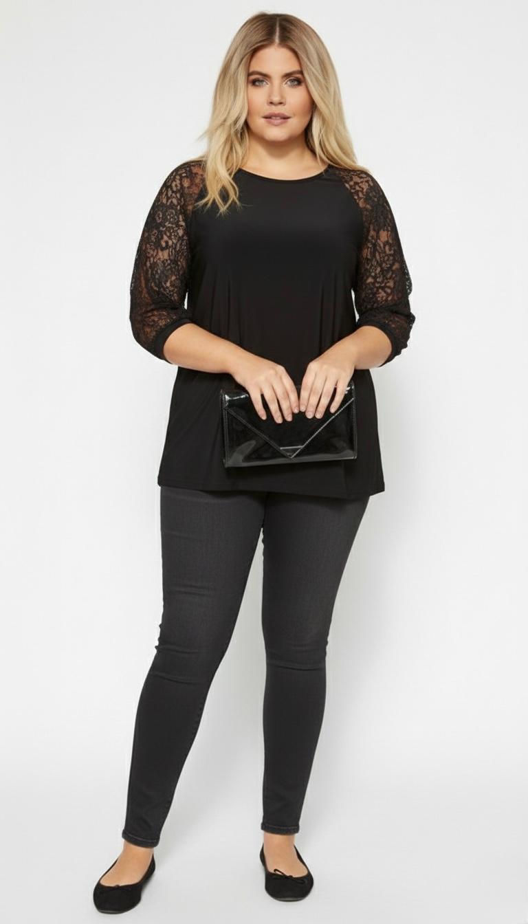 Kadın Büyük Beden Dantel Kollu Pamuklu Bluz 2035-26