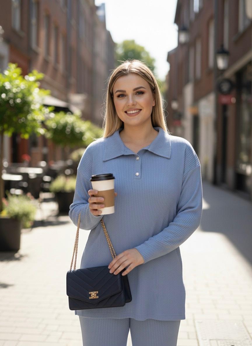 Kadın Büyük Beden Gömlek Yaka Düğmeli Kaşkorse Kumaş Eşofman Takımı 8232-26