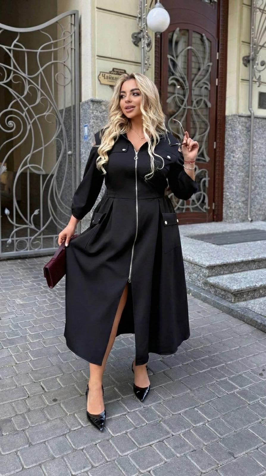 Kadın Büyük Beden Gümüş Fermuar ve Aksesuar Detaylı Elbise 5411- 2026