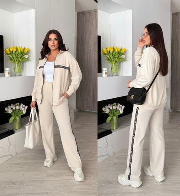 Kadın Büyük Beden Polo Yaka Fermuarlı Şeritli Eşofman Takımı 8213-26