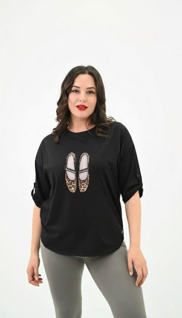 Kadın Büyük Beden Taş İşlemeli Baskı Desenli Oval Kesim Tişört 1927-25