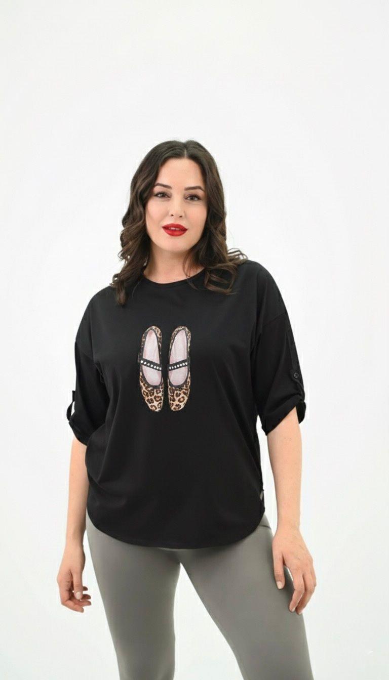 Kadın Büyük Beden Taş İşlemeli Baskı Desenli Oval Kesim Tişört 1927-25