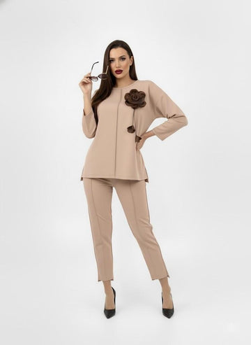 Kadın Büyük Beden Truvakar Kol Gül Detaylı İki İplik Eşofman Takımı 8223-26